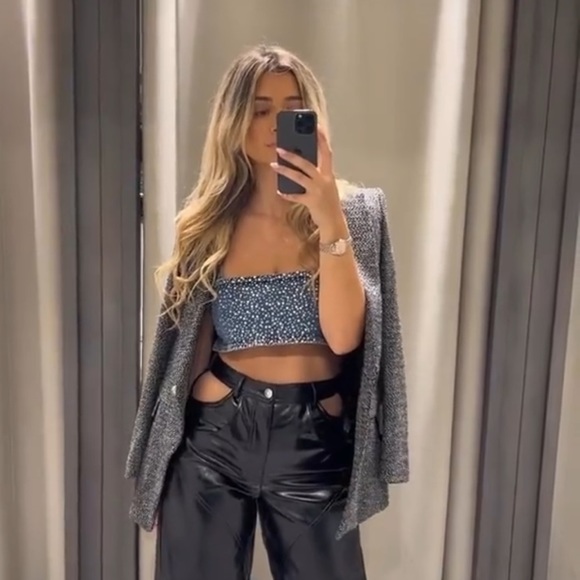 ZARA RHINESTONE DENIM CROP TOP - Picture 6 of 7